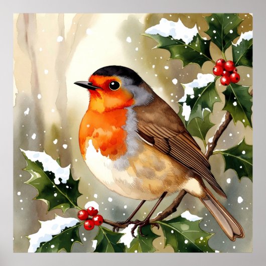 Watercolor Robin Kerstontwerp Poster (Voorkant)