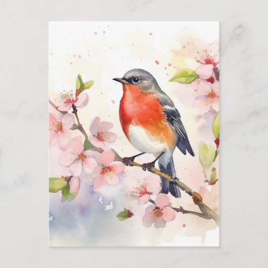 Watercolor Robin on Spring Cherry Blossom Branch Briefkaart (Voorkant)