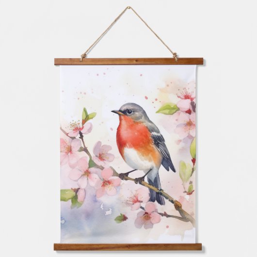 Watercolor Robin on Spring Cherry Blossom Branch Hangend Wandkleed (Voorkant)