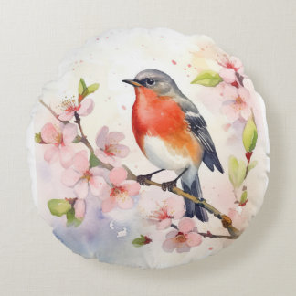 Watercolor Robin on Spring Cherry Blossom Branch Rond Kussen