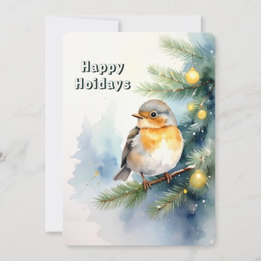 Watercolor Robin op een dennentak kerstkaart (Voorkant)