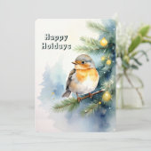 Watercolor Robin op een dennentak kerstkaart (Staand voorkant)