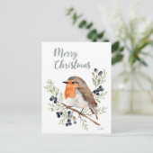 Watercolor Robin & Winterbessen Feestdagenkaart (Staand voorkant)