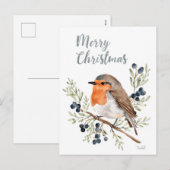 Watercolor Robin & Winterbessen Feestdagenkaart (Voorkant / Achterkant)