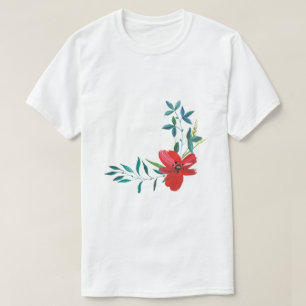 Watercolor Rode Bloem & Groene Blad Essential T-Sh T-shirt