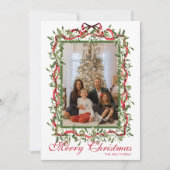 Watercolor Rode Boog Mistletoe Guirlande Foto Feestdagenkaart (Voorkant)