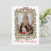 Watercolor Rode Boog Mistletoe Guirlande Foto Feestdagenkaart (Staand voorkant)