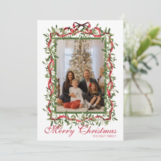 Watercolor Rode Boog Mistletoe Guirlande Foto Feestdagenkaart (Staand voorkant)
