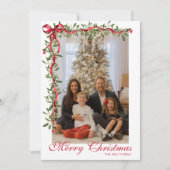 Watercolor Rode Boog Mistletoe Guirlande Foto Feestdagenkaart (Voorkant)