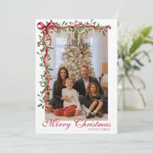 Watercolor Rode Boog Mistletoe Guirlande Foto Feestdagenkaart (Staand voorkant)