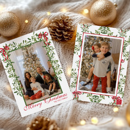 Watercolor Rode Boog Mistletoe Guirlande Foto Feestdagenkaart