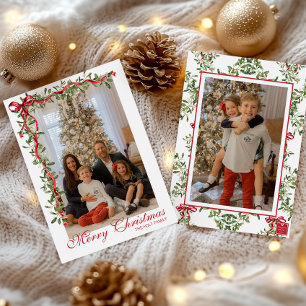 Watercolor Rode Boog Mistletoe Guirlande Foto Feestdagenkaart