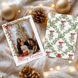 Watercolor Rode Boog Mistletoe Guirlande Foto Feestdagenkaart