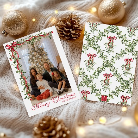 Watercolor Rode Boog Mistletoe Guirlande Foto Feestdagenkaart