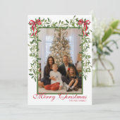 Watercolor Rode Boog Mistletoe Guirlande Foto Feestdagenkaart (Staand voorkant)