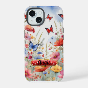 Watercolor Rode En Blauwe Vlinders en Bloesems iPhone 15 Case