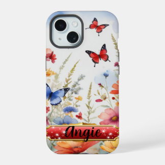 Watercolor Rode En Blauwe Vlinders en Bloesems iPhone 15 Case