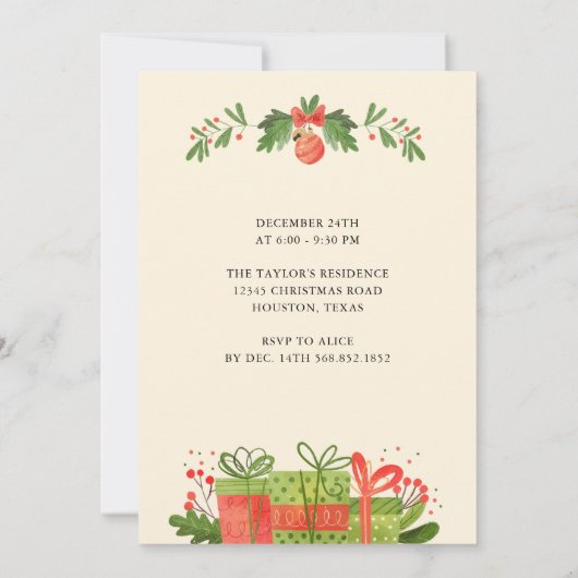 Watercolor Rode en Groene Krans Kerstfeest Kaart (Achterkant)