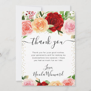 Watercolor Rode en Oranje Rozen Quinceanera Bedankkaart