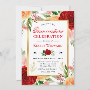 Watercolor Rode en Oranje Rozen Quinceanera Kaart