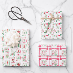 Watercolor Rode & Groene Kersttegels Inpakpapier Vel