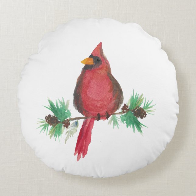 Watercolor Rode Kardinaal Kerstmis Rond Kussen (Voorkant)