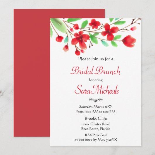 Watercolor Rode Kersenbloesem Bruids Brunch  Kaart (Voorkant / Achterkant)