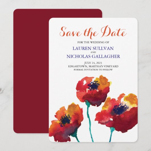 Watercolor Rode Klaproos Bloemen Save the Date (Voorkant / Achterkant)