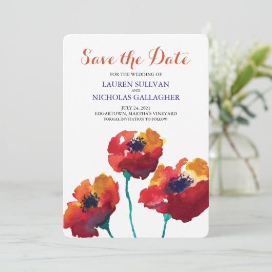 Watercolor Rode Klaproos Bloemen Save the Date (Staand voorkant)