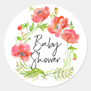 Watercolor Rode Klaprozen Krans Baby Shower Ronde Sticker