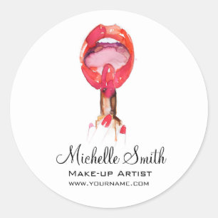 Watercolor rode lippen en lippenstift make-up bran ronde sticker