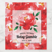 Watercolor Rode Rozen Bruidsshower Wijn Etiket (Enkel label)
