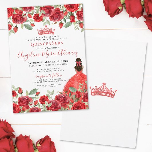 Watercolor Rode Rozen Quinceanera Uitnodiging