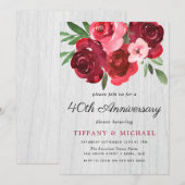 Watercolor Rode Rozen Rustic 40e Verjaardag Kaart (Voorkant / Achterkant)