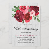 Watercolor Rode Rozen Rustic 40ste Verjaardag Kaart (Voorkant / Achterkant)