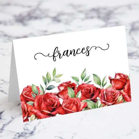 Watercolor Rode Rozen Script Naam Plaatskaartjes Kaart