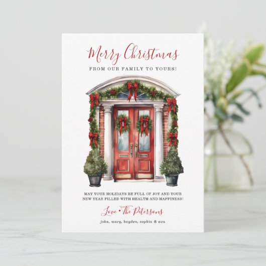 Watercolor Rode Voordeur Prettig Kerstfeest Feestdagenkaart (Staand voorkant)