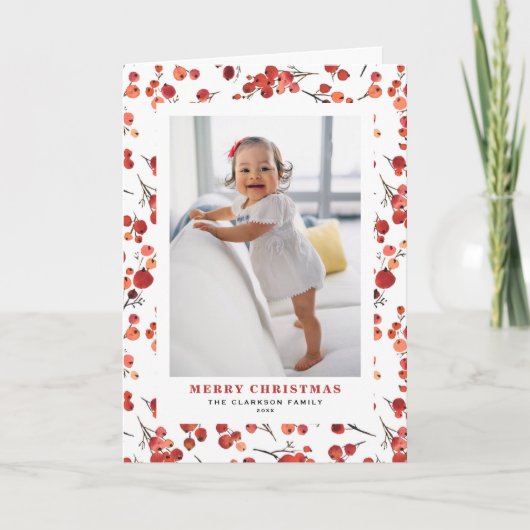Watercolor Rode Winterbes Kerst Foto Feestdagen Kaart (Voorkant)