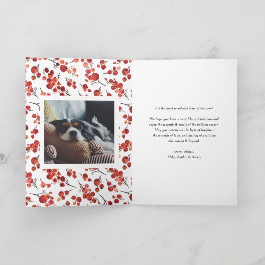 Watercolor Rode Winterbes Kerst Foto Feestdagen Kaart (Binnen)