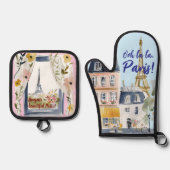 Watercolor Romantic Paris Kitchen Artistry Ovenwant & Pannenlap Set (Voorkant)