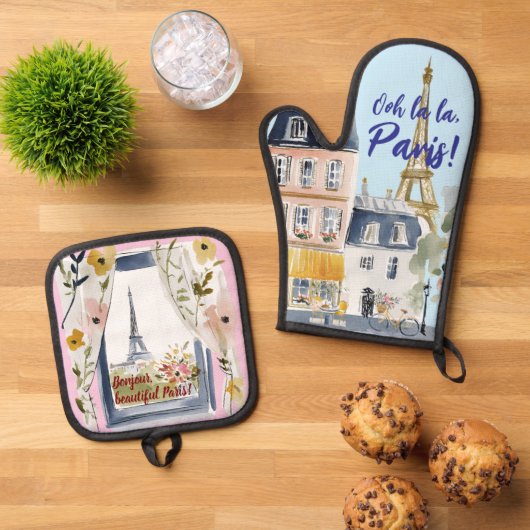 Watercolor Romantic Paris Kitchen Artistry Ovenwant & Pannenlap Set (Top down)