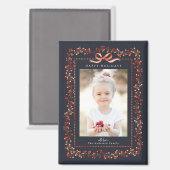 Watercolor Rood Bes Frame Foto Navy Kerstmis Magneet (Voorkant / Achterkant)