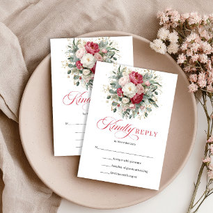 Watercolor rood bloemendecoratie trouw RSVP kaart