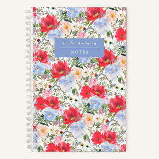 Watercolor rood en blauw bloemenspiraalnotitieboek notitieboek
