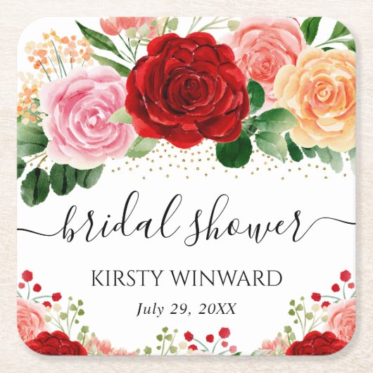 Watercolor Rood en Geel Rozen Bruids douche Kartonnen Onderzetters (Voorkant)
