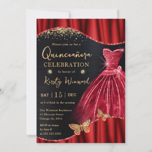 Watercolor rood & gouden glitters jurk Quinceanera Kaart