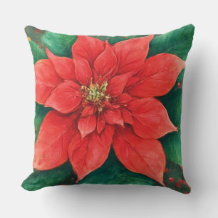 Watercolor Rood Poinsettia Kerstmis Kussen