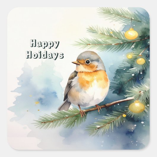 Watercolor Roodborst op een Dennentak Sticker (Voorkant)