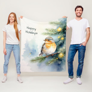 Watercolor Roodborst op een Dennentak Vliesdeken Fleece Deken