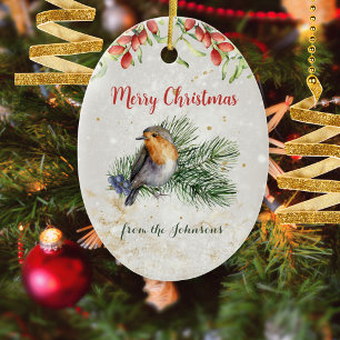 Watercolor Roodborst Vogel Foto Kerst Cadeau Keramisch Ornament